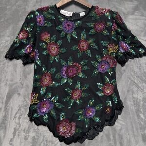 Vintage Lawrence Kazar Top Womens Large Silk Sequin Floral Zipper Holiday